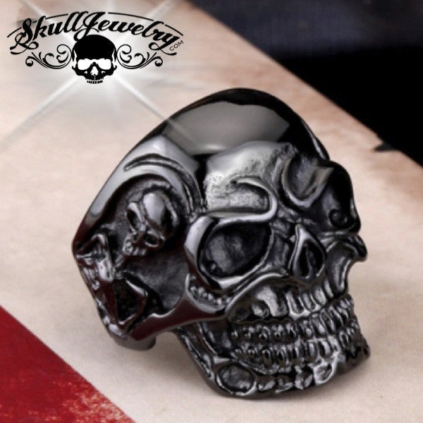 Black Biker Skull Ring With Side Skeletons