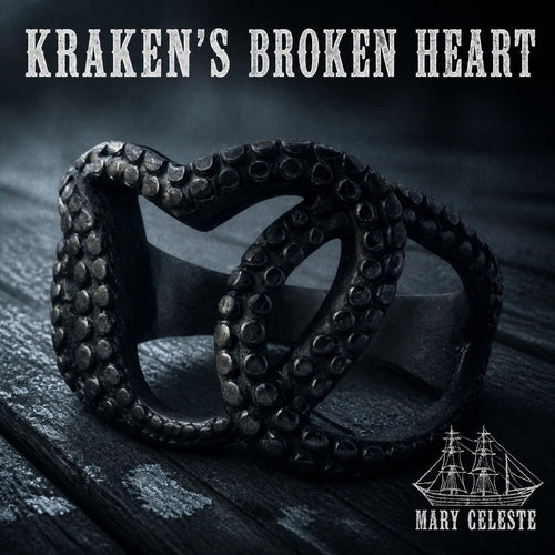 Kraken's Broken Heart tentacle ring, octopus and split heart in 316L stainless steel, Mary Celeste collection