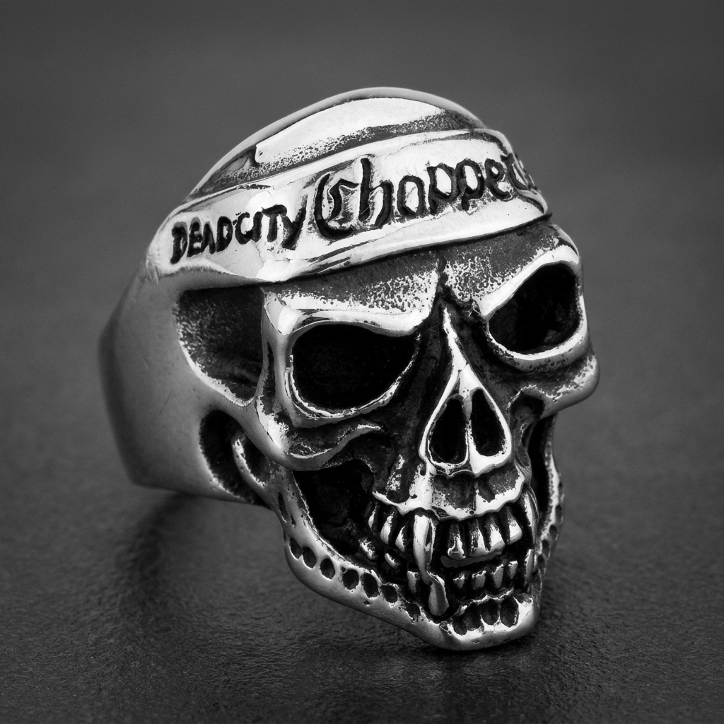 'Dead City Choppers' Skull Ring with Bandana, 316L stainless steel mens skull ring for bikers