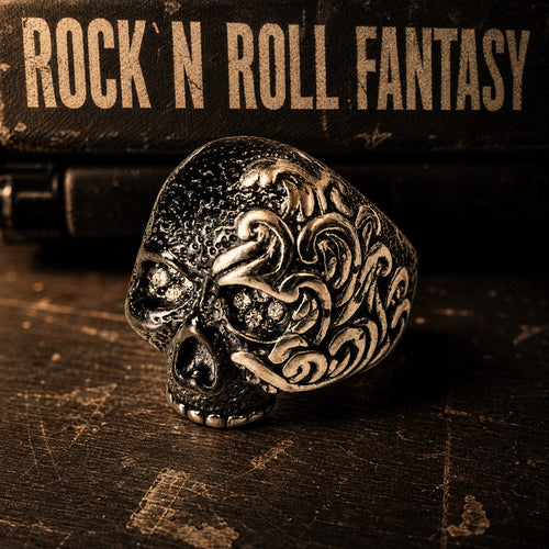 Rock N Roll Fantasy solid back skull ring, heavy 316L stainless steel mens rock and roll ring