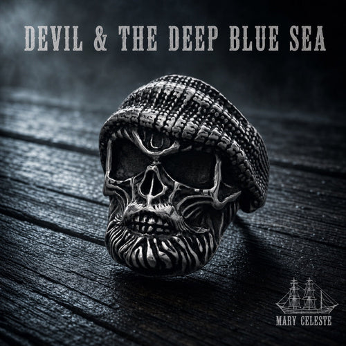 Caught Between the Devil and the Deep Blue Sea skull ring in 316L stainless steel, mens nautical biker jewelry