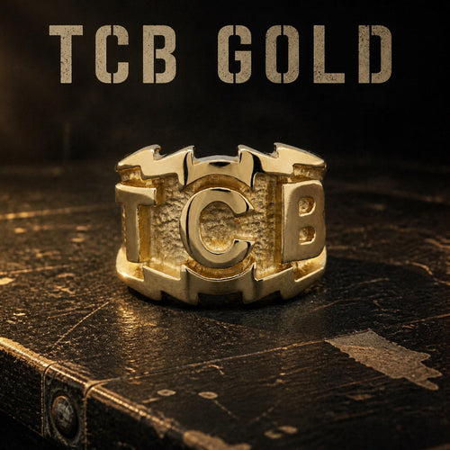 Elvis inspired TCB gold tone ring, gold plated stainless steel Taking Care of Business lightning bolt ring
