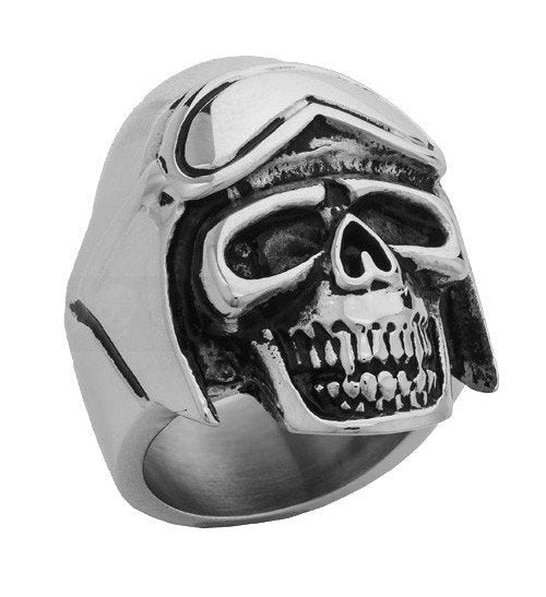 Biker Skull Ring With Flying Hat And Goggles