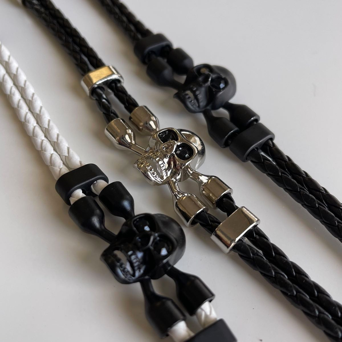 3-Colors Leather Skull Bracelet w/Black CZ Eyes