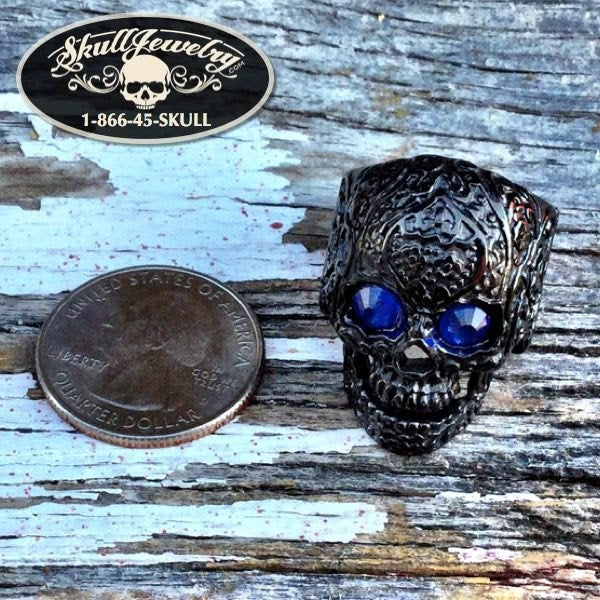 'Homesick Blues' Vintage Flower Skull Ring w/Blue Eyes
