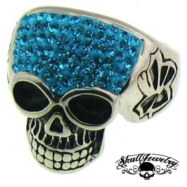Stainless Steel Crystal Skull with Multi Blue Cubic Zirconia Ring