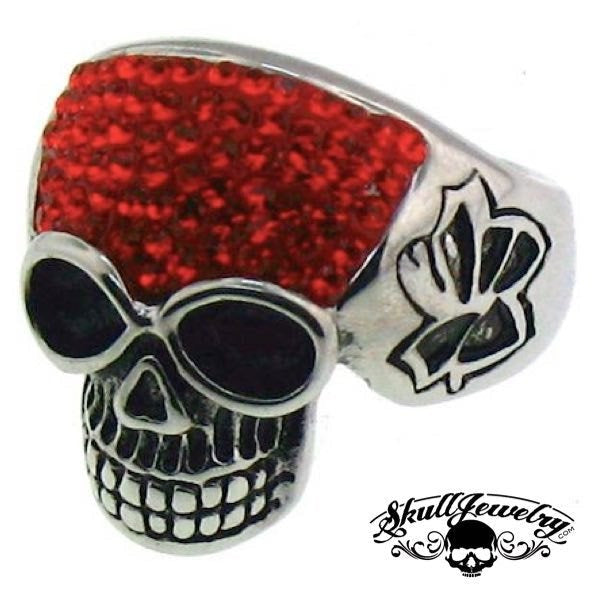 Stainless Steel Crystal Skull with Multi Red Cubic Zirconia Ring