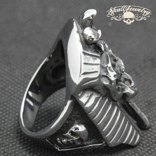 Stainless Steel Pharaoh Ring with intricate skull and snake details