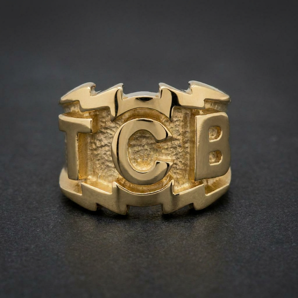 Elvis Inspired 'TCB' Ring, Gold-Tone alternate view, 316L stainless steel mens skull ring for bikers