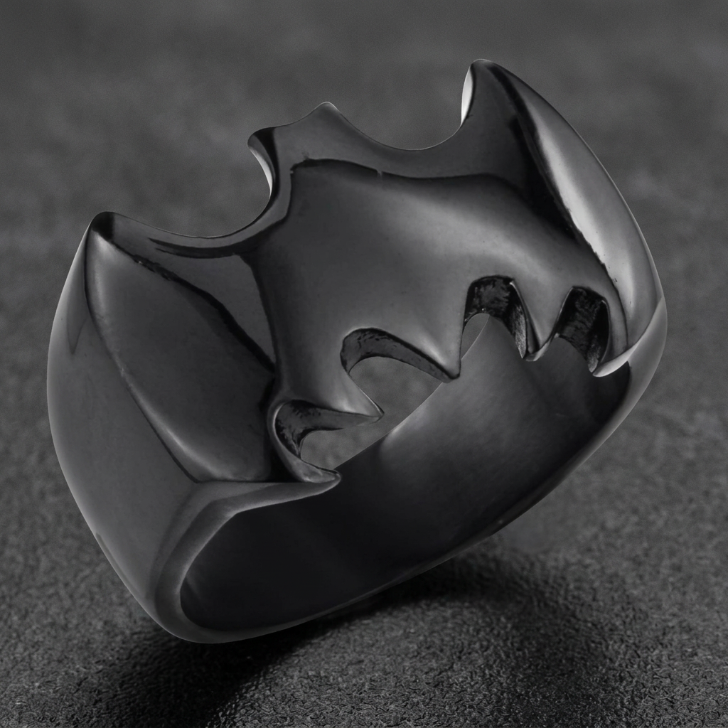 BLACK 'Dark Knight' Stainless Steel Bat Ring alternate view, 316L stainless steel mens skull ring for bikers