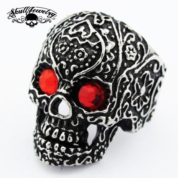 'Calaveras' Vintage Flower Skull Ring w/RED Eyes