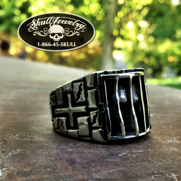Folsom Prison Blues - Stainless Steel Skull Behind Bars Ring (#294)