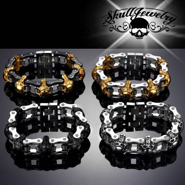4 big bold and colored skull bracelets