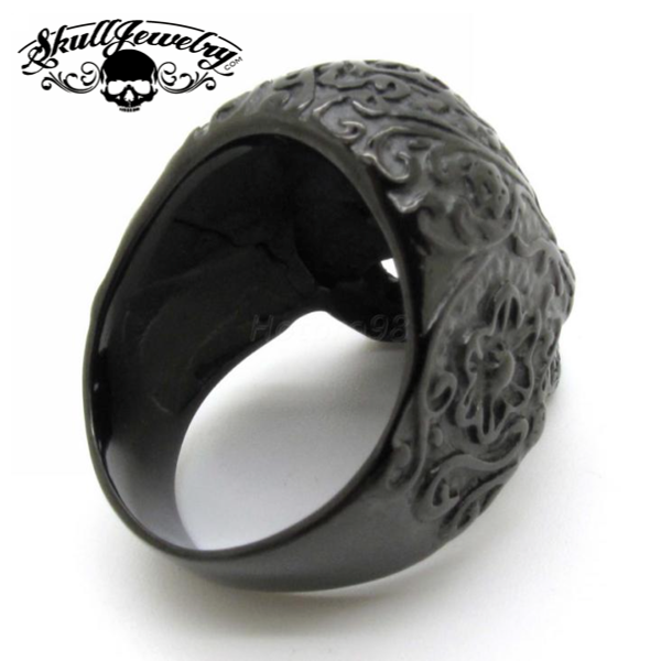 💀 Noir Cráneo Luxe - Matte Black Skull Ring w/ Vintage Floral Design (#500)