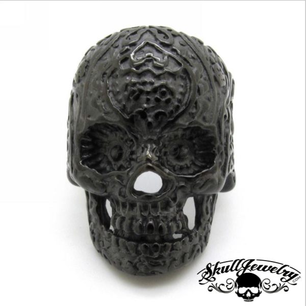 💀 Noir Cráneo Luxe - Matte Black Skull Ring w/ Vintage Floral Design (#500)