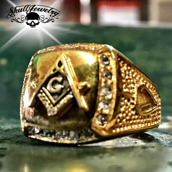 Gold-Tone Free Mason Ring w/Stones