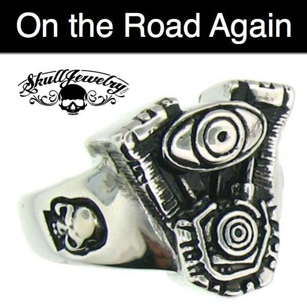On The Road Again' Engine Ring with Skulls