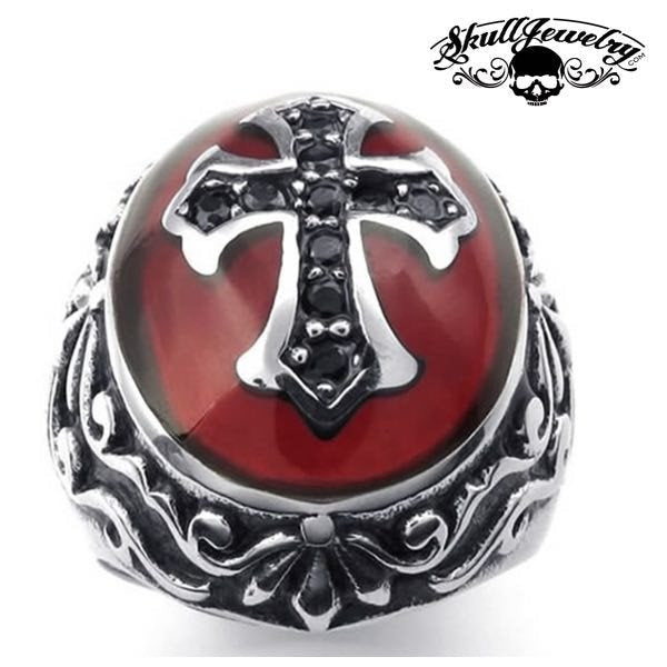 'Deus Vult!' - 'God Wills It' Christian Crusaders Soldier Ring w/Black Zircon Gemstones & Red Background