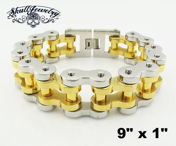 9" x 1" Gold & Silver Tone Stainless Steel Motorcycle Bracelet - our biggest, heaviest black motorcycle bracelet