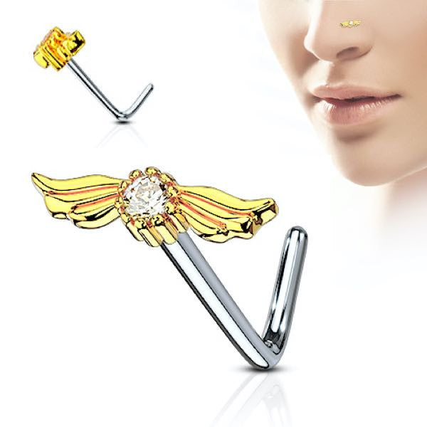 Angel Wings Nose Stud Ring - gold and clear color