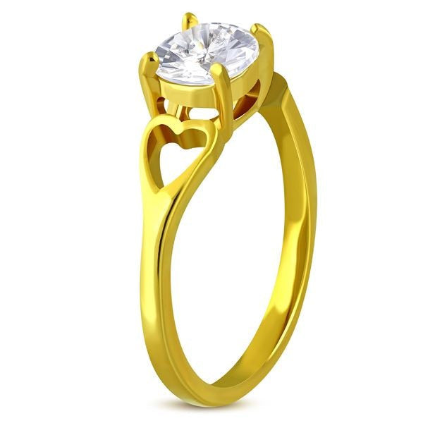 Anillo de compromiso de vástago de corazón de amor con baño de acero inoxidable chapado en color dorado con CZ transparente