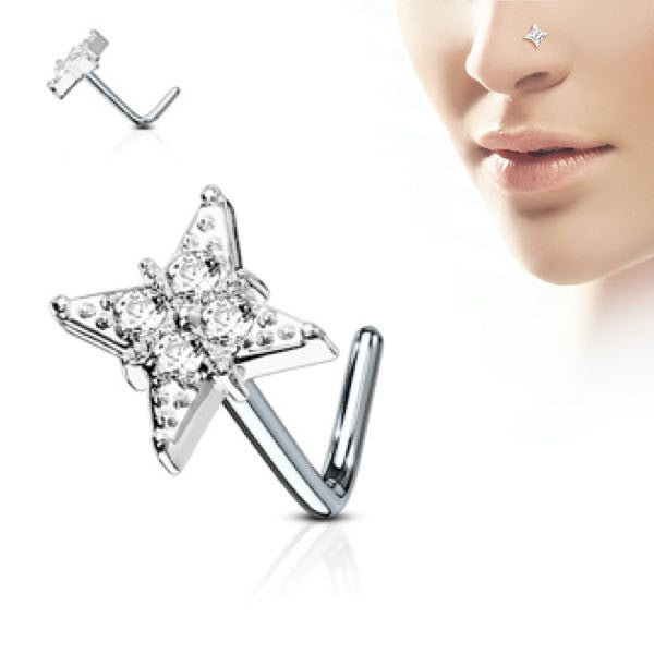 Clear CZ Paved Diamond 316L Surgical Steel L Bend Nose Stud Rings