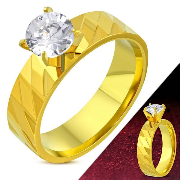 'Dazzling Diamond' Sculpted Gold-Tone Ring with Large CZ Stone