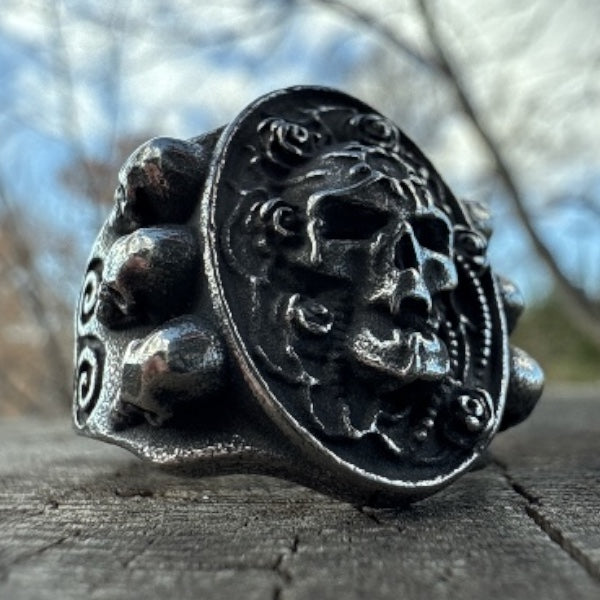 The Wraith King Signet Ring – Heavy Stainless Steel Skull Crest (#748)