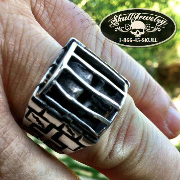 'Folsom Prison Blues' Stainless Steel Skull Behind Bars Ring