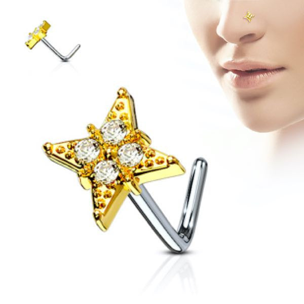 Gold/Clear CZ Paved Diamond 316L Surgical Steel L Bend Nose Stud Rings