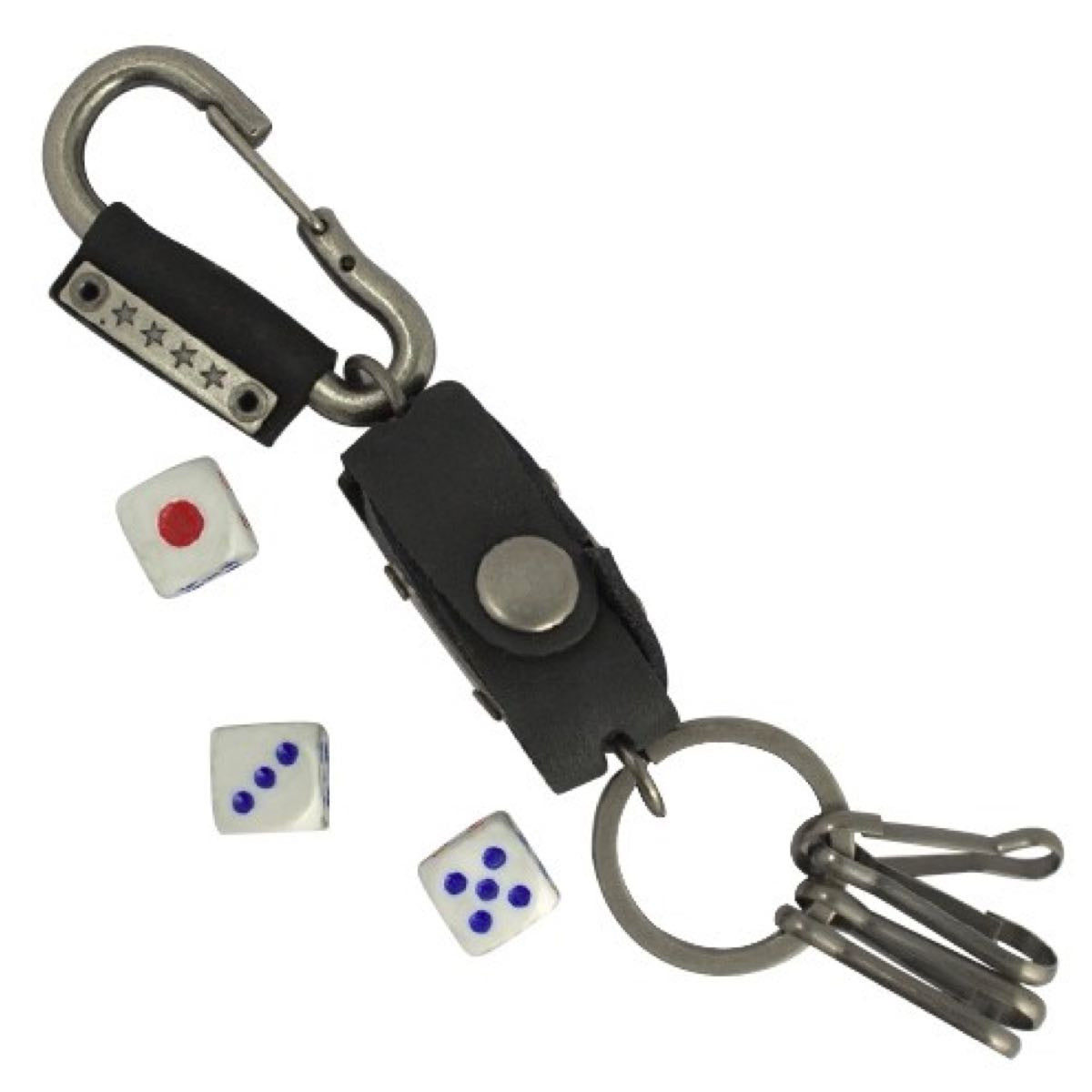 Metal Keychain Clip with Black Leather Carrier and Dice