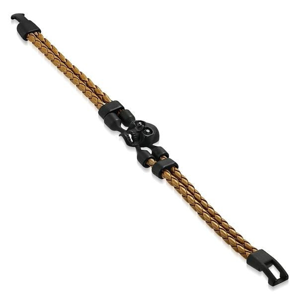 Pulsera de cuero cruzado con calavera negra y marrón plana