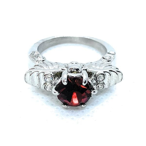 Silver Skull Head & Wings Wedding/Engagement Rings Red