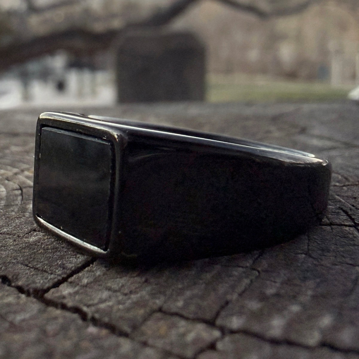black stainless steel rectangular signet ring
