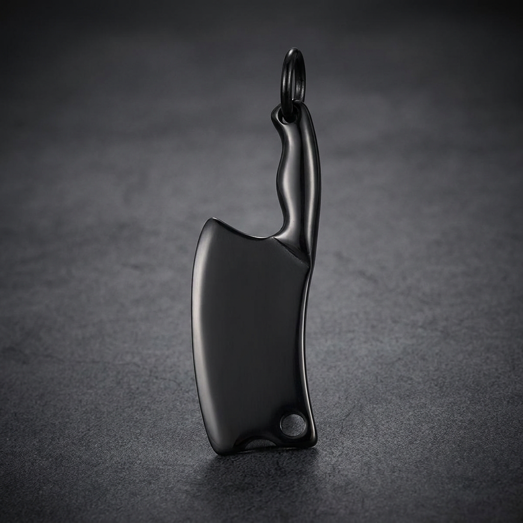 Dark matte 316L stainless steel meat cleaver pendant, heavy and bold, with a sturdy bail ring.