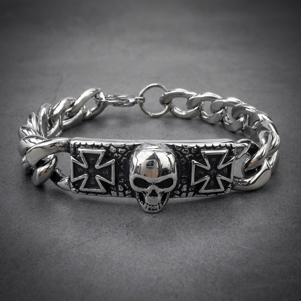 Silver 316L stainless steel curb link bracelet with a polished skull and dark Maltese crosses on a central rectangular plate.