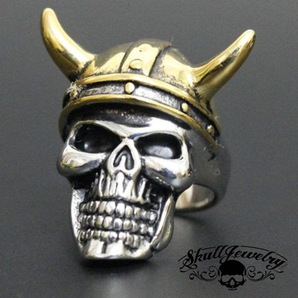 badass gold horns skull ring