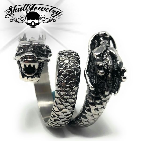 big bold and solid back double dragon ring