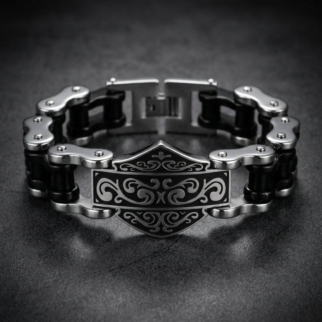 Iron Shield Bracelet made of polished 316L surgical-grade stainless steel with intricate black enamel details, shown on a wrist.