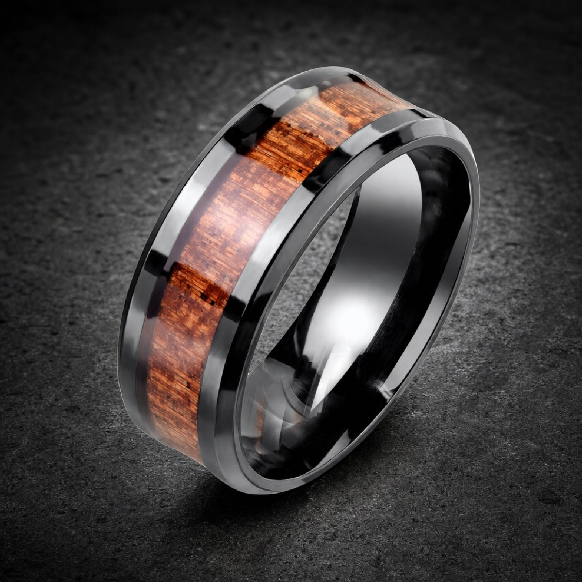 Black Wood Inlay Band Ring – Sleek, Bold & Timeless - 316L stainless steel unisex jewelry (R0377)