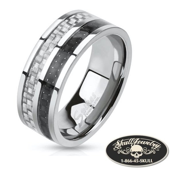 Carbon Fiber Inlay Two Toned Band Ring Stainless Steel