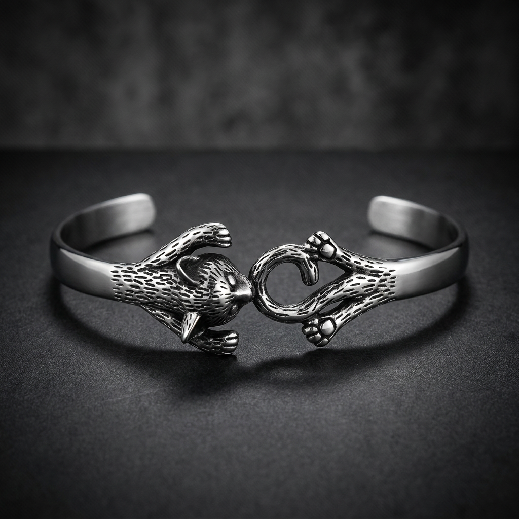 The Nine Lives Bandit Cat Bangle, a 316L stainless steel bracelet with a fierce cat design and detailed paws, polished silver finish on a biker's wrist.