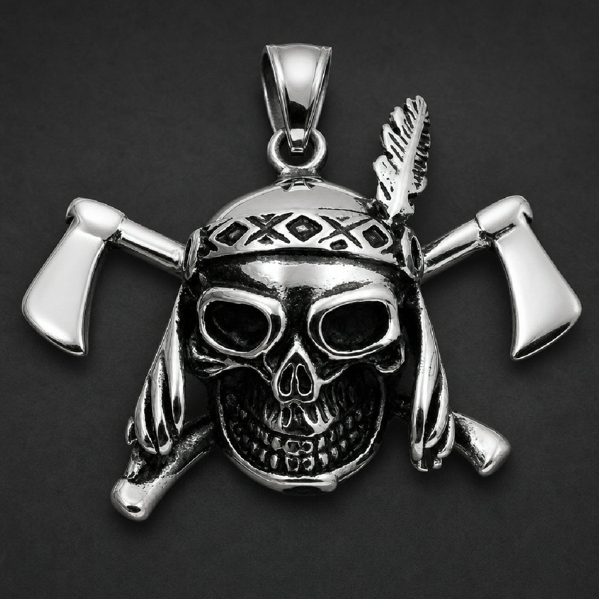 316L stainless steel warrior skull pendant with crossed tomahawks and feather headband