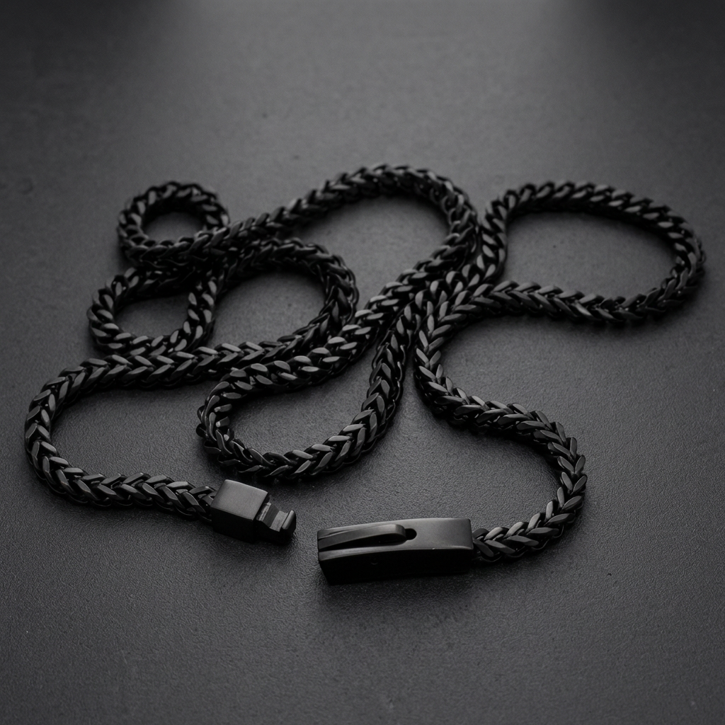 A close-up of a Darkened Franco Link Necklace made from 316L stainless steel, showcasing the interlocking V-shaped links and dark finish.