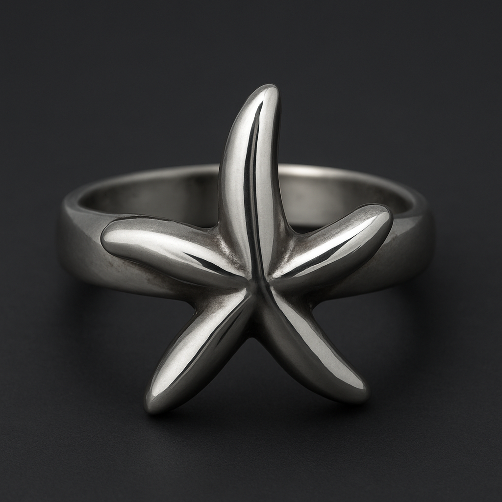 Stainless steel ring with starfish design, silver color, crafted from 316L surgical-grade material.