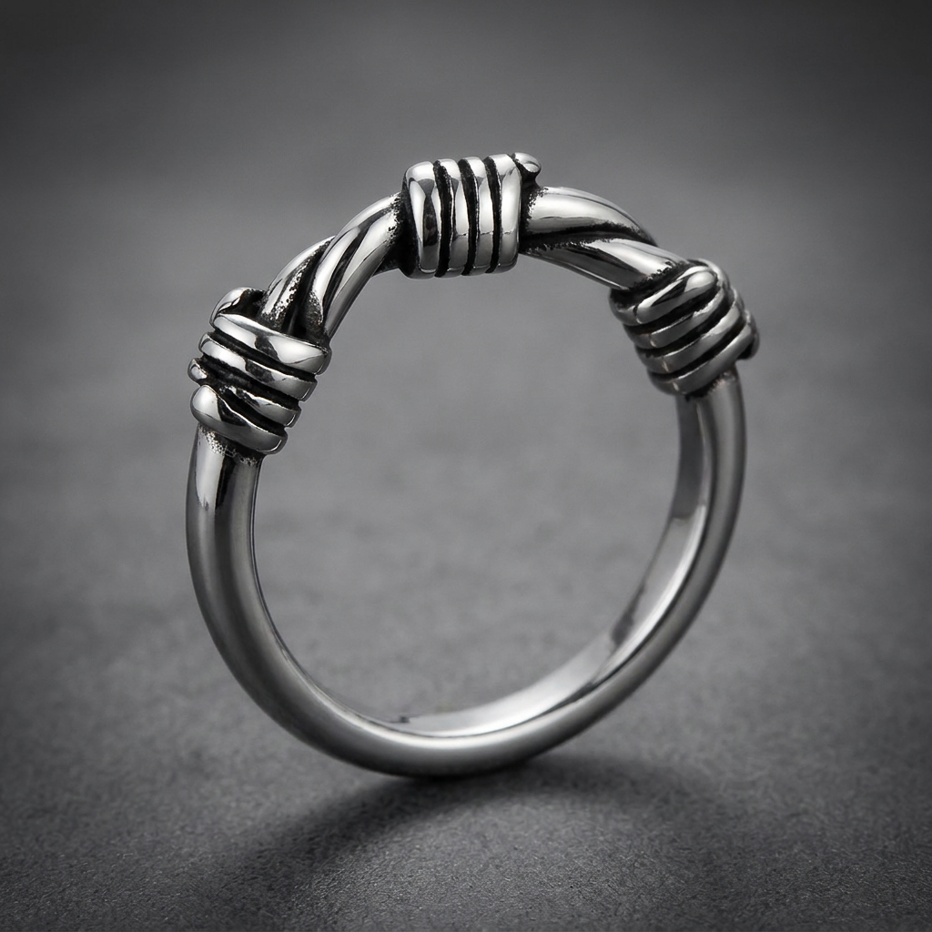 Heavy-duty 316L stainless steel braided band ring with ribbed accents, bright polished finish