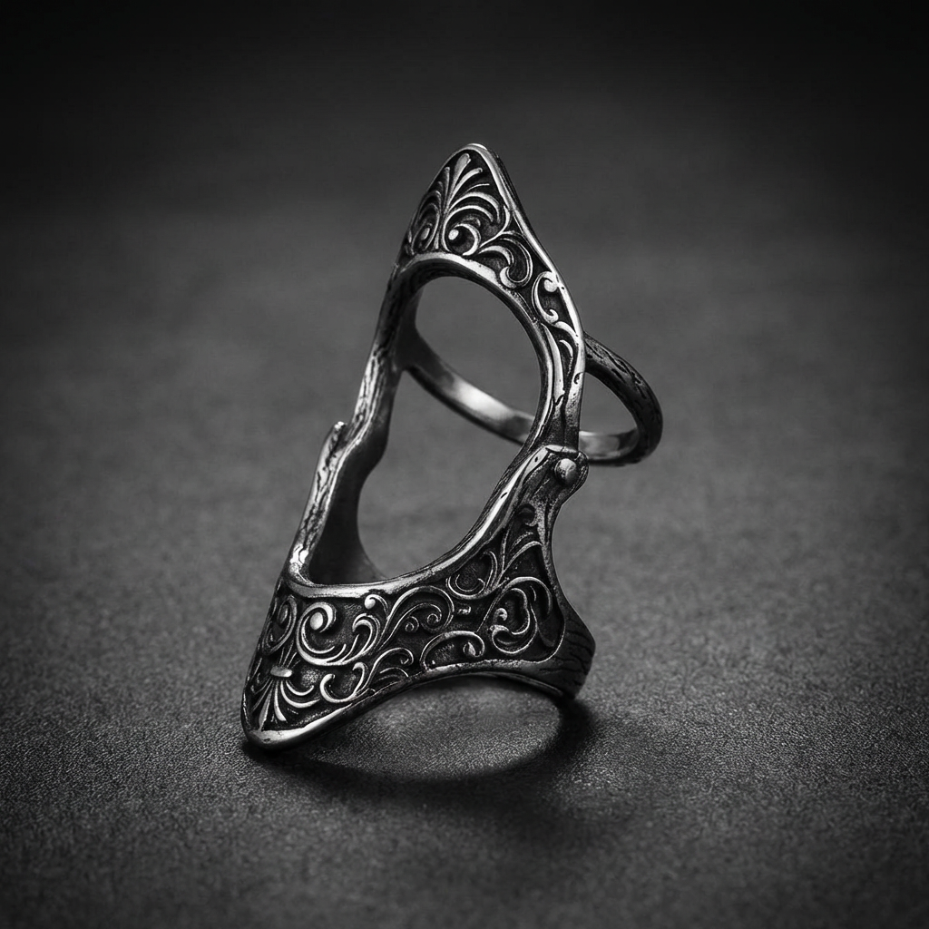 Valkyrie Hinge Ring made of 316L stainless steel, a full-finger hinged design with intricate details, worn on a hand.