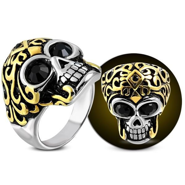 gold and stainless steel skull ring with gem stone eyes