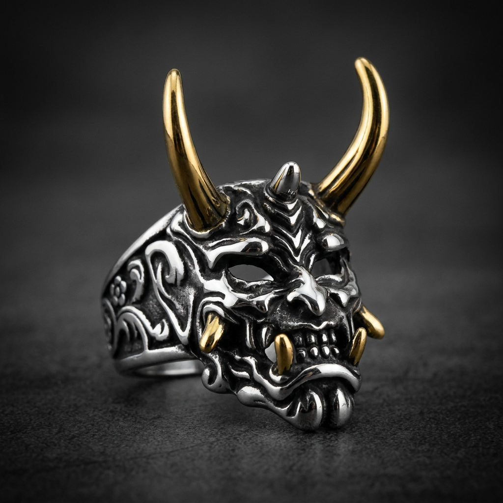 Oxidized 316L stainless steel Hannya mask ring with golden horns and teeth