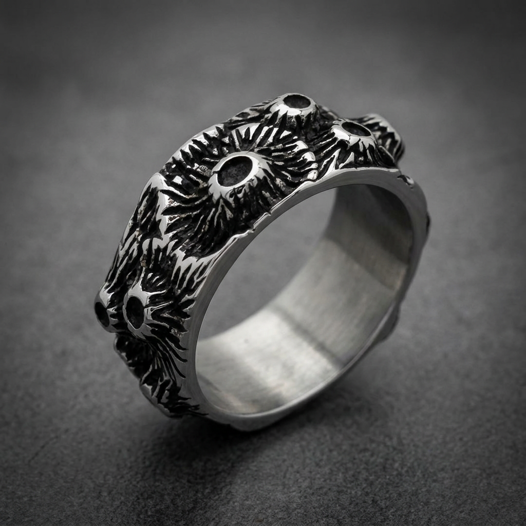 Honor Spore Ring, 316L stainless steel, dark oxidized textured band, organic clustered pattern, punk gothic style jewelry